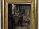 une peinture à l'huile représentant deux hommes dans une pièce avec une fenêtre