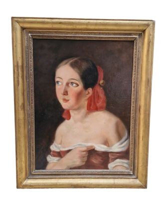 painting of a woman in a red dress with a red scarf