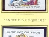 four stamps with different designs on them on a yellow background