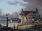 a painting of a house by the water with a boat in the water