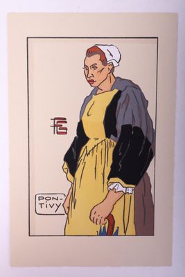 un dessin d'une femme en robe jaune tenant un sac à main