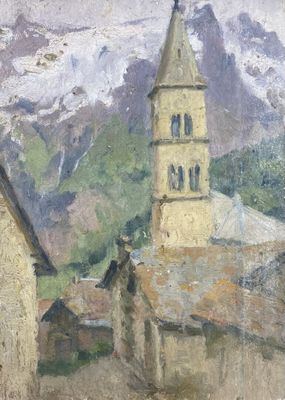 a painting of a church with a steeple in the background