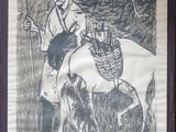 un dessin représentant un homme à cheval accompagné d'un chien
