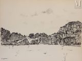 un dessin à l'encre représentant un paysage rocheux avec des arbres au loin