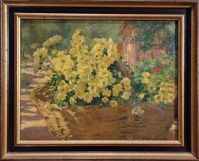 an oil painting of yellow flowers in a basket on a table