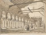 drawing of a courtyard with arches and arches and people walking around