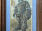 painting of a man with a hat and a cane in a wooden frame