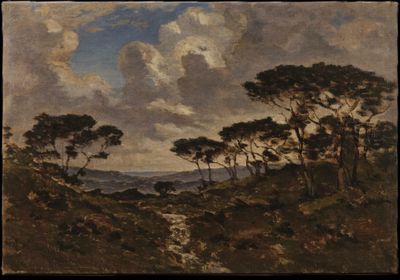 une image représentant un tableau représentant un paysage avec des arbres et de l'eau
