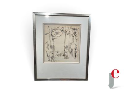 dessin représentant un homme et une femme dans une forêt, dans un cadre argenté