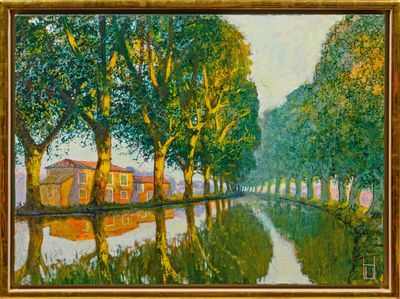 an oil painting of a river with trees and houses in the background