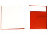 a red folder with a notepad and a pen on it