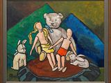 un tableau représentant deux enfants et un ours en peluche