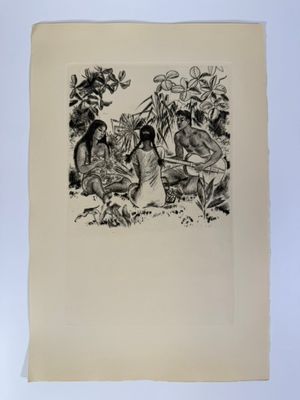 un dessin en noir et blanc représentant deux femmes dans un jardin