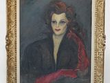 portrait of a woman in a black dress with a red scarf