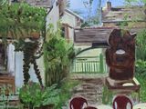 un tableau représentant une table et des chaises dans une cour