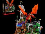 a lego castle with a dragon flying over it