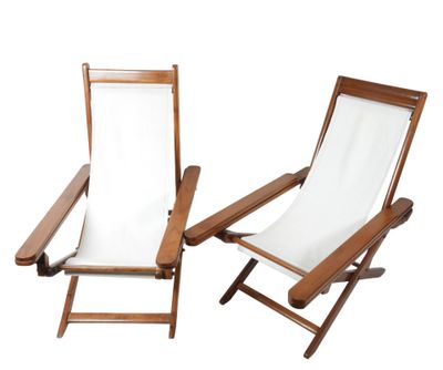 Paire de transats pliants de pont de paquebot en teck et tis…