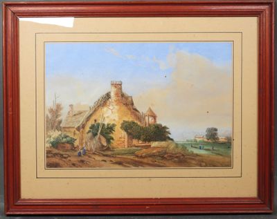 un tableau représentant une scène de vie à la ferme avec un moulin à vent en arrière-plan