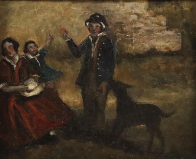 painting of a man and a woman with a dog and a cat