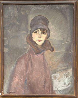 tableau représentant une femme vêtue d'un manteau marron et d'un chapeau marron
