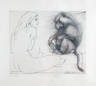 dessin représentant une femme et un singe assis sur un canapé