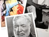 three black and white photos of a man with a beard and a woman with a cat