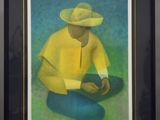 painting of a man in a yellow shirt and hat sitting on the ground