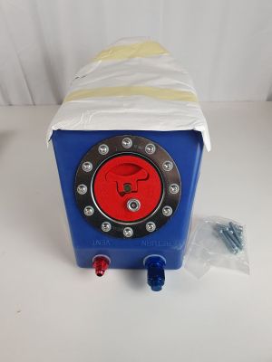 an image of a blue and red clock on a white table