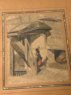 une photo d'un tableau représentant une femme assise devant une cheminée