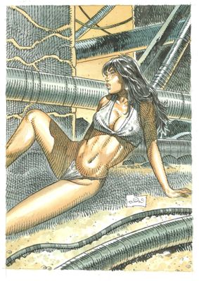 tableau représentant une femme en bikini allongée sur une plage