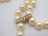 une photo d'un collier de perles blanches muni d'un fermoir en or