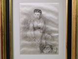 dessin représentant une femme assise par terre, dans un cadre doré