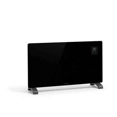 an image of a black electric heater sitting on top of a white surface