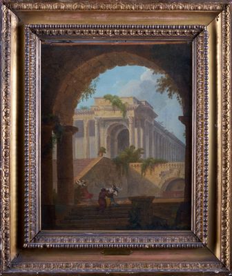 an oil painting on canvas of a building with a man and a woman sitting on the steps