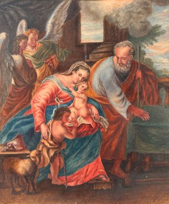 une image représentant un tableau où l'on voit un homme tenant un bébé dans une crèche