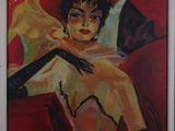 an oil painting of a woman in a yellow dress sitting on a red couch