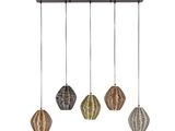 a group of five hanging lights with different shades