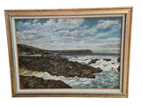 une peinture à l'huile représentant une côte rocheuse avec des vagues qui déferlent au premier plan
