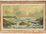 une peinture représentant une peinture de l'océan, avec des rochers au premier plan
