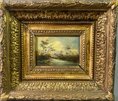 tableau représentant un paysage avec une rivière et des arbres, dans un cadre doré