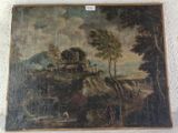 an old painting of a landscape with a house on a hill in the background