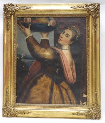 portrait of a woman holding a bottle of wine in a gold frame