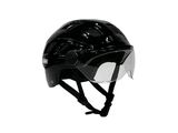 a black helmet with a clear visor on a white background