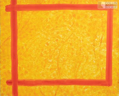 une peinture représentant un carré orange bordé de rouge sur fond jaune