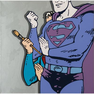 une image représentant un tableau sur lequel figure un homme vêtu d'un costume de Superman, tenant un pinceau