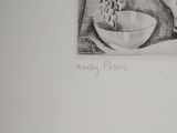 pencil drawing of a bowl of fruit on a table with a knife