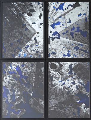a picture of a picture of a window with blue paint on it