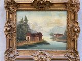 an oil painting of a house by a lake with a mountain in the background
