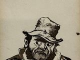 an old drawing of a man with a hat on his head