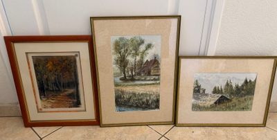 THERRACHON- Ensemble de trois paysages, aquarelle, pastel, c…